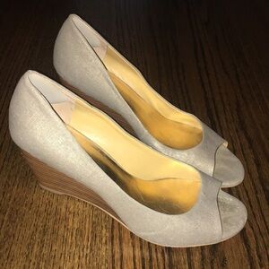 Gold shimmer/wooden wedge heels